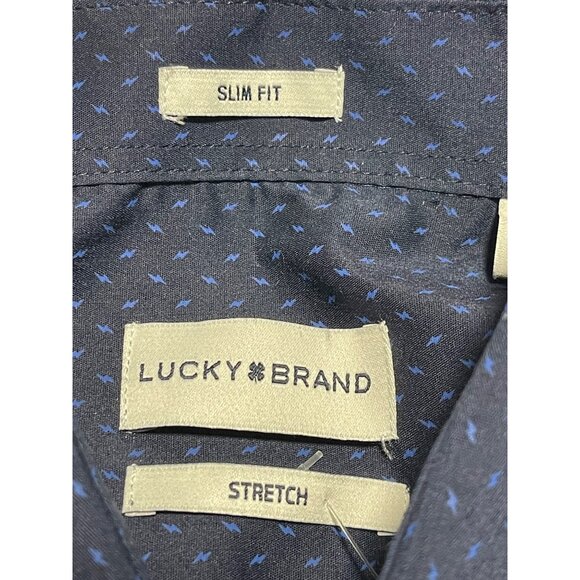 Lucky Brand Mens Slim Fit Stretch Dress Shirt Size M Navy Blue Lightening Print - Picture 5 of 10